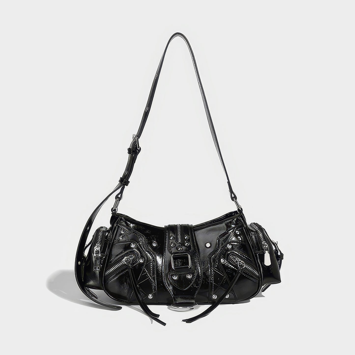 Glossy Buckle Pocket Baguette Bag