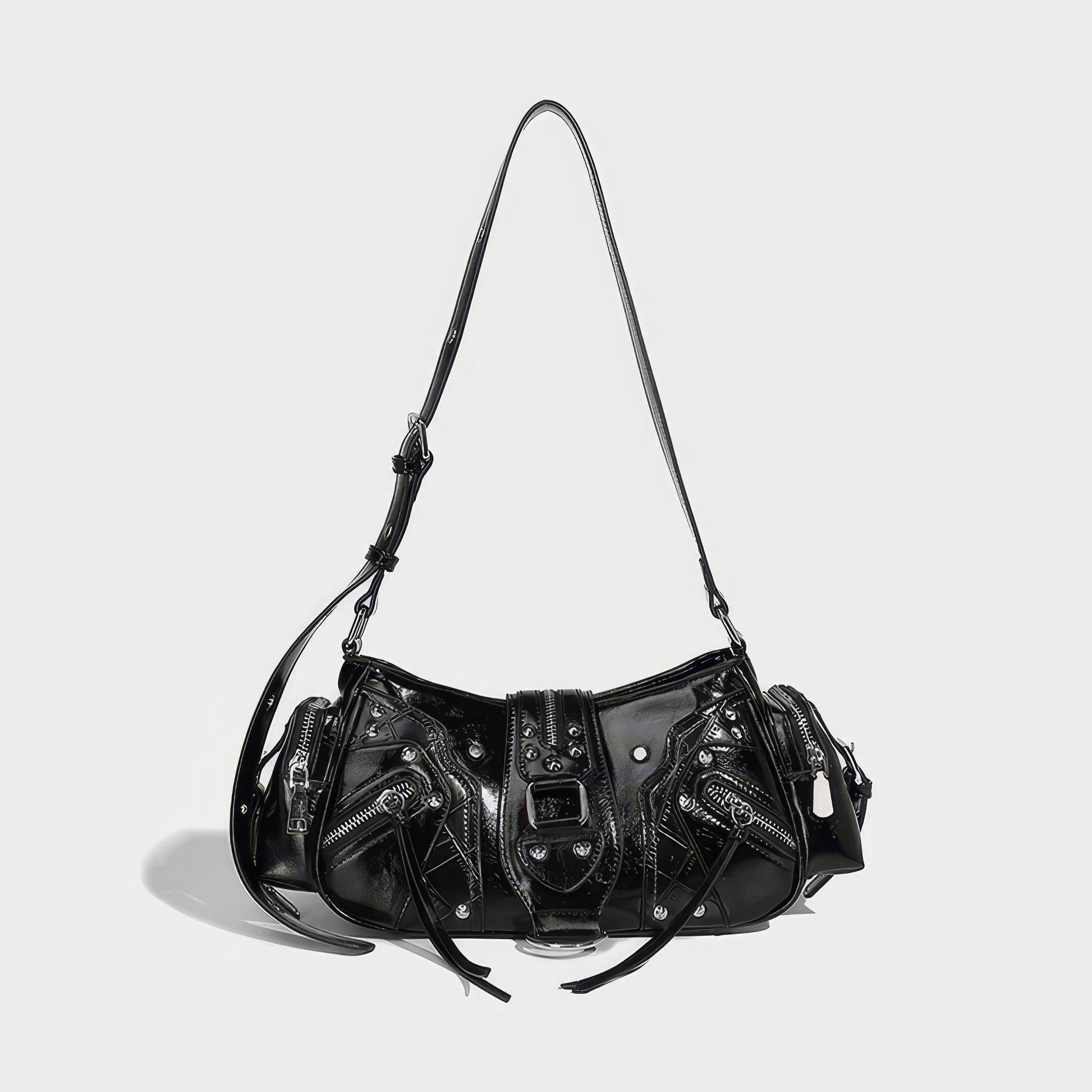 Glossy Buckle Pocket Baguette Bag