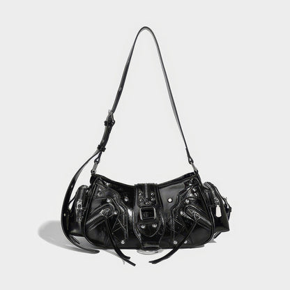 Glossy Buckle Pocket Baguette Bag