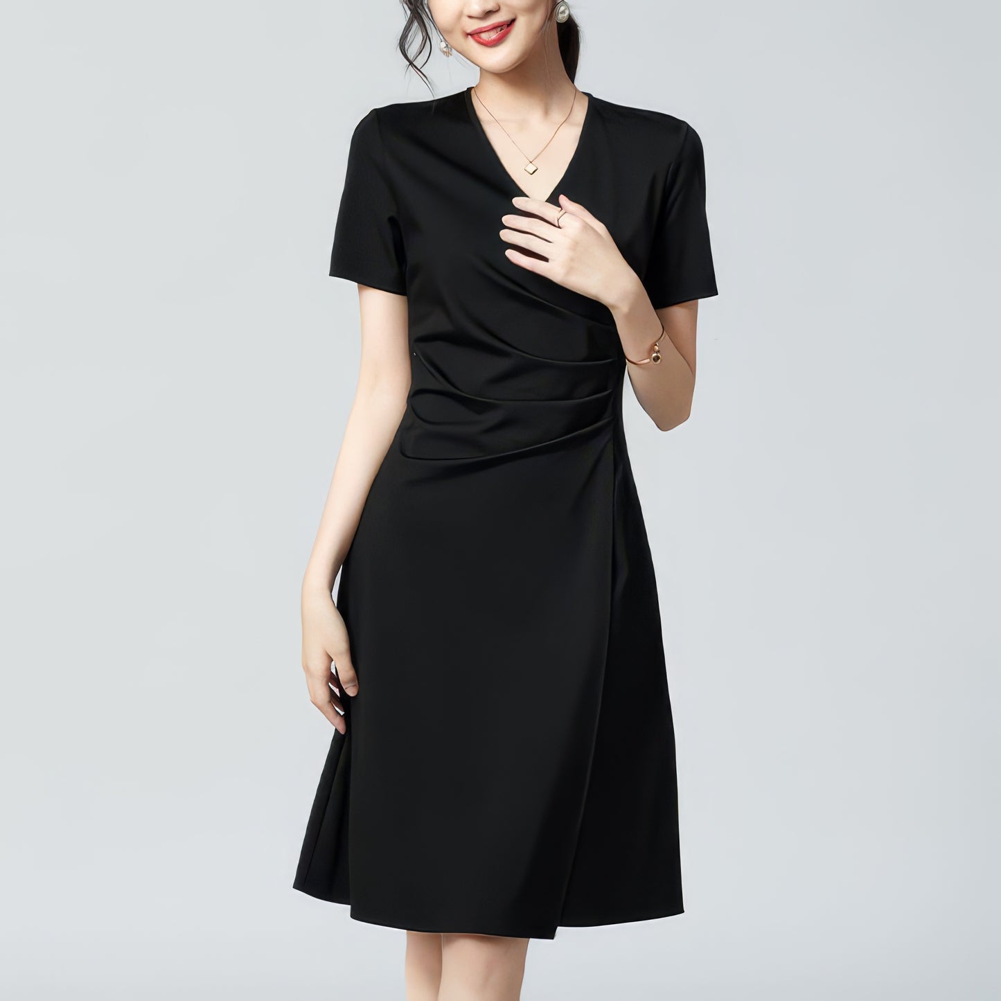Ruched Waist V-Neck Black Dress