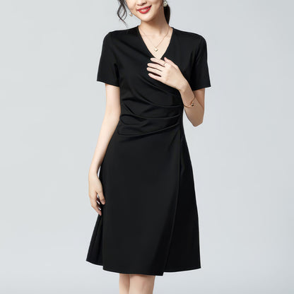 Ruched Waist V-Neck Black Dress