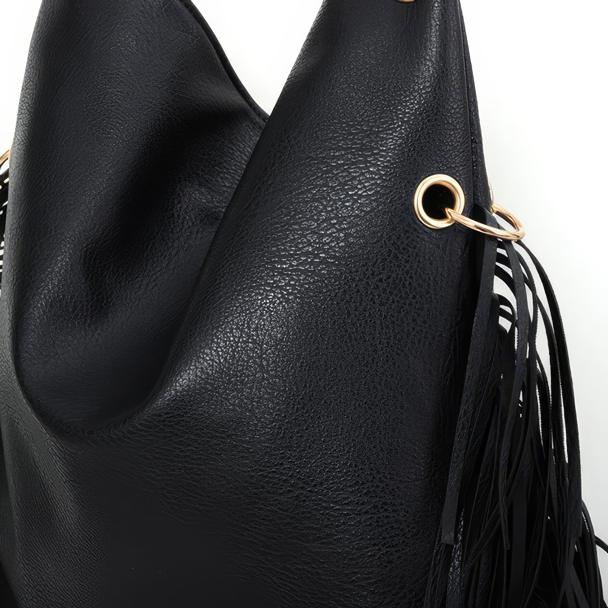 Fringe Studded Black Hobo Shoulder Bag