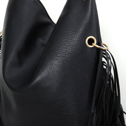 Fringe Studded Black Hobo Shoulder Bag