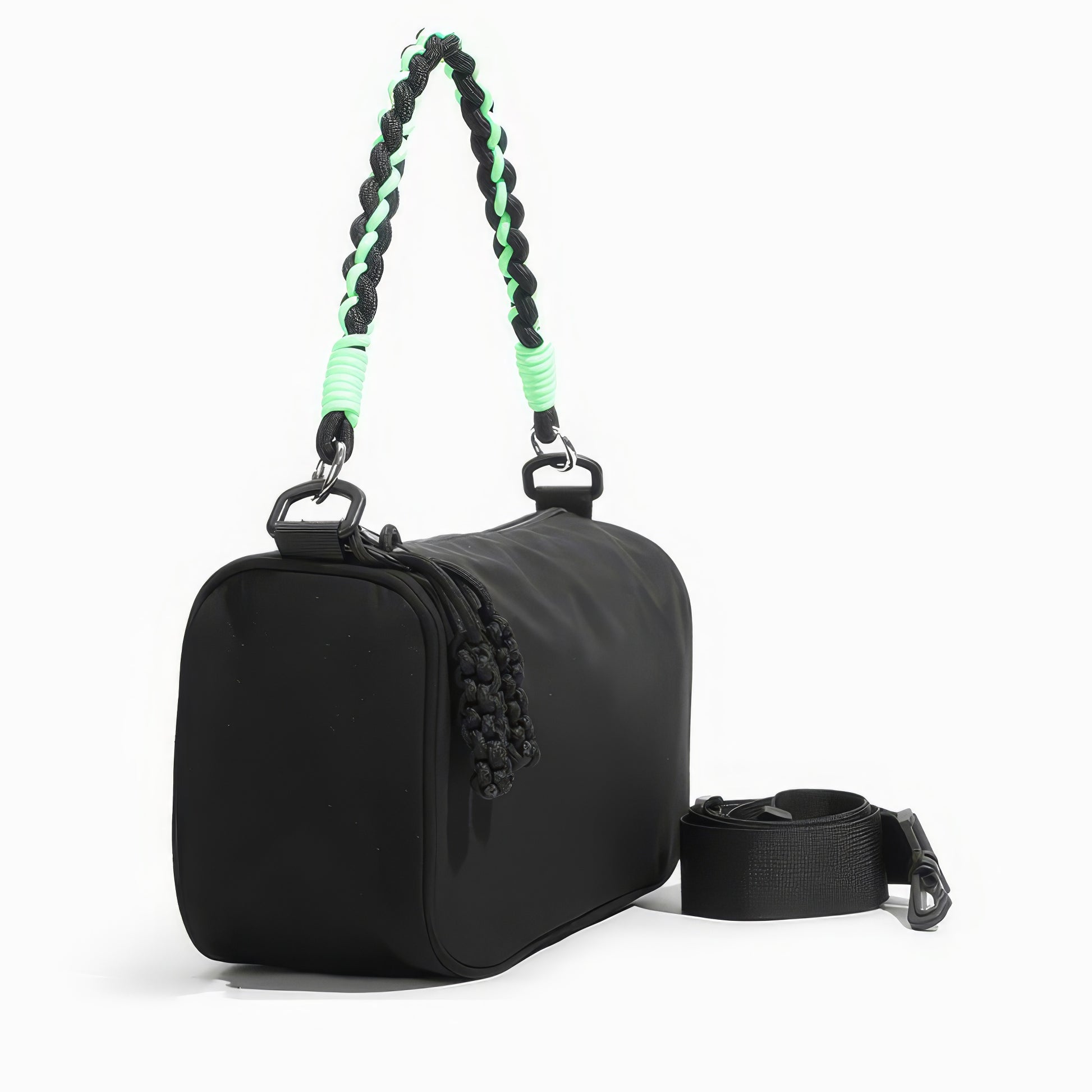 Two-Tone Rope Strap Black Nylon Shoulder Bag