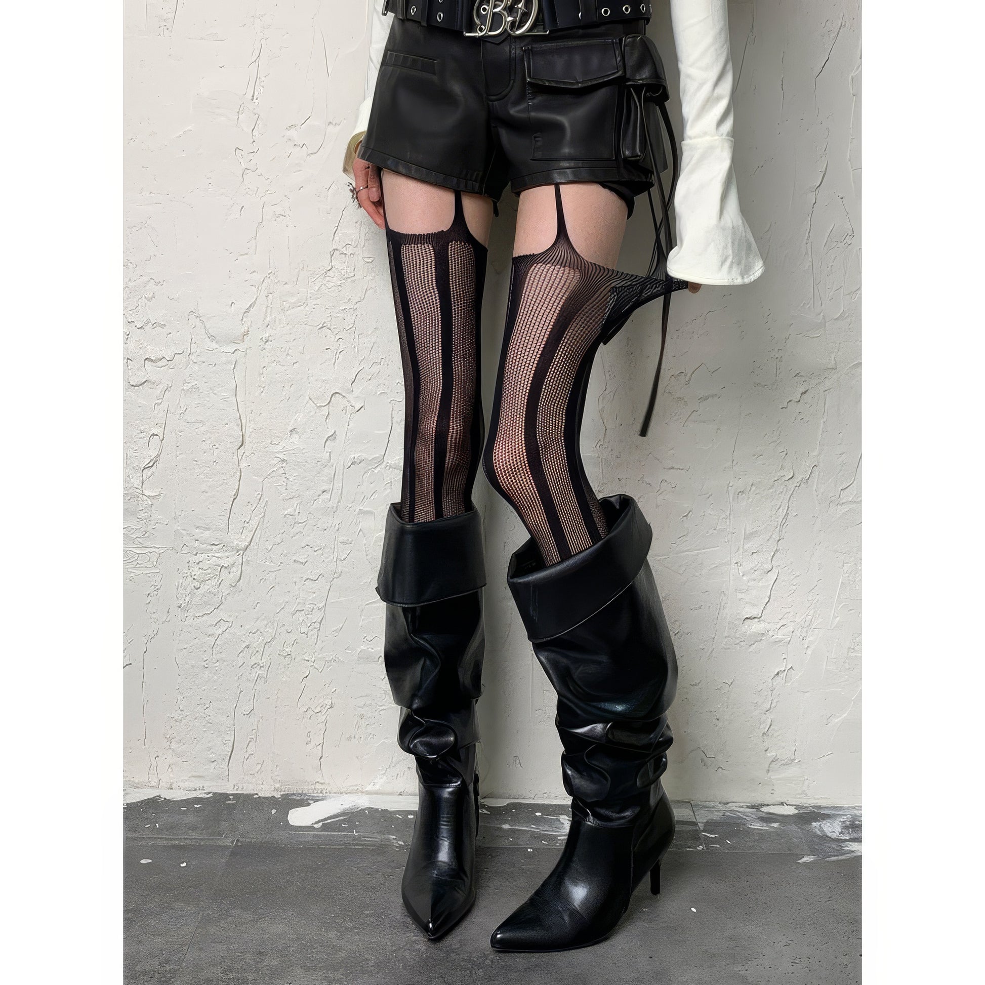 Vertical Mesh Stripe Garter Tights