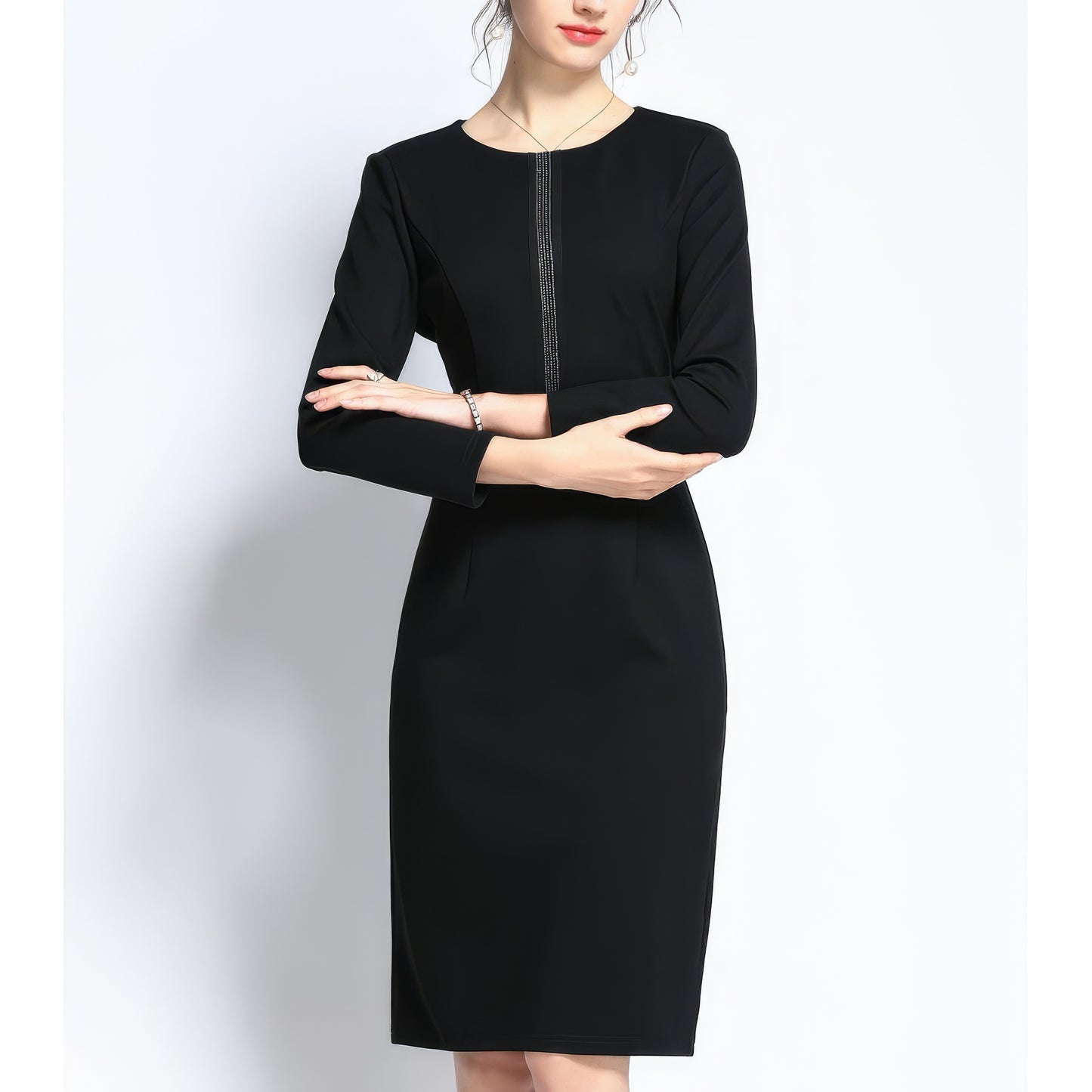 Stitched Detail Long Sleeve Black Pencil Dress