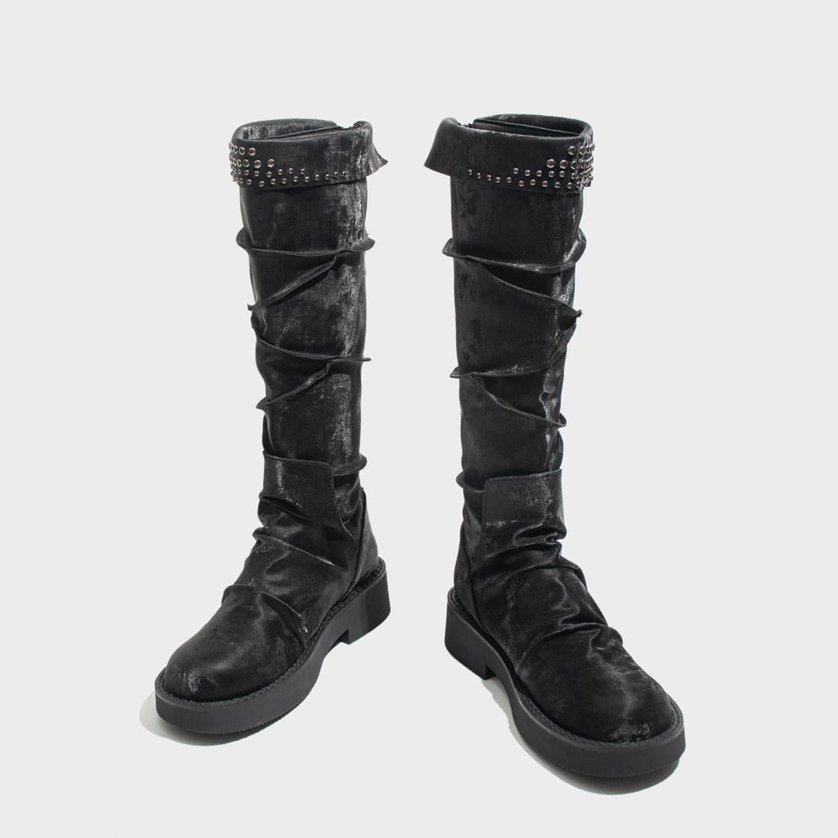 Black Velvet Studded Knee-High Boots