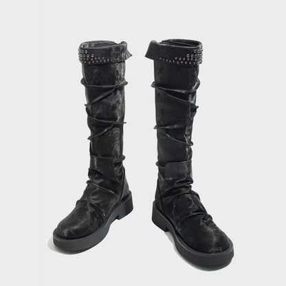 Black Velvet Studded Knee-High Boots