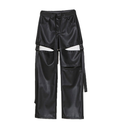 Strap Detail Cut-Out Faux Leather Pants