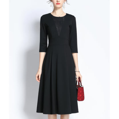 Lace Panel Three-Quarter Sleeve Black Midi Dress