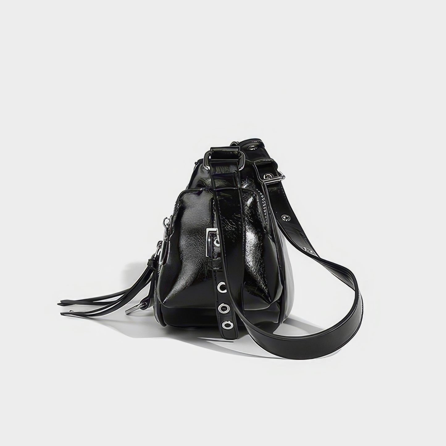 Glossy Buckle Pocket Baguette Bag