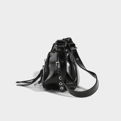 Glossy Buckle Pocket Baguette Bag