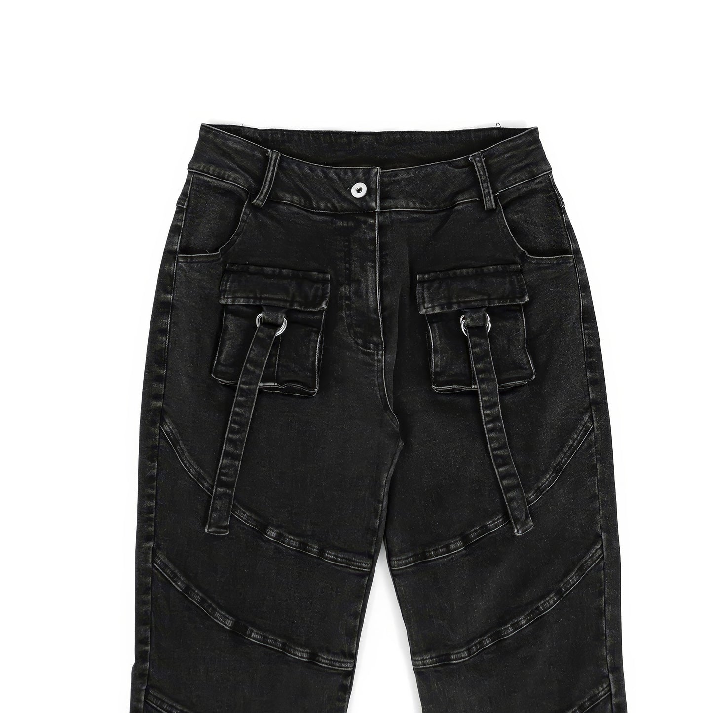 Washed Strap Cargo Flare Jeans