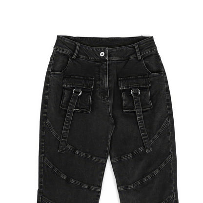 Washed Strap Cargo Flare Jeans