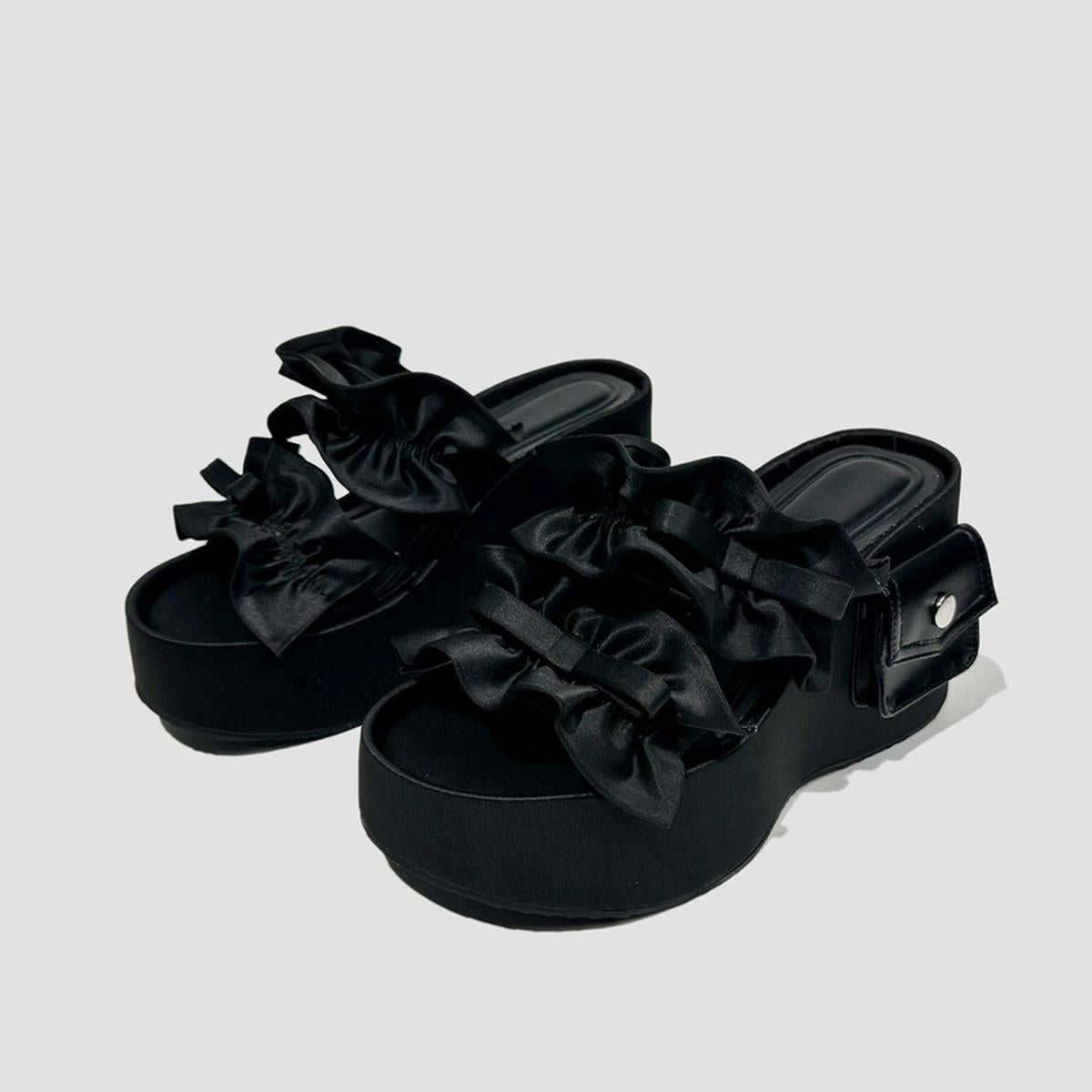 Satin Ruffle Bow Platform Slides