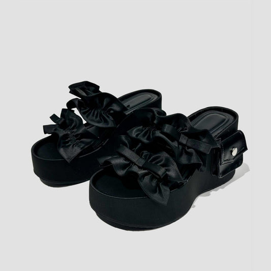 Satin Ruffle Bow Platform Slides