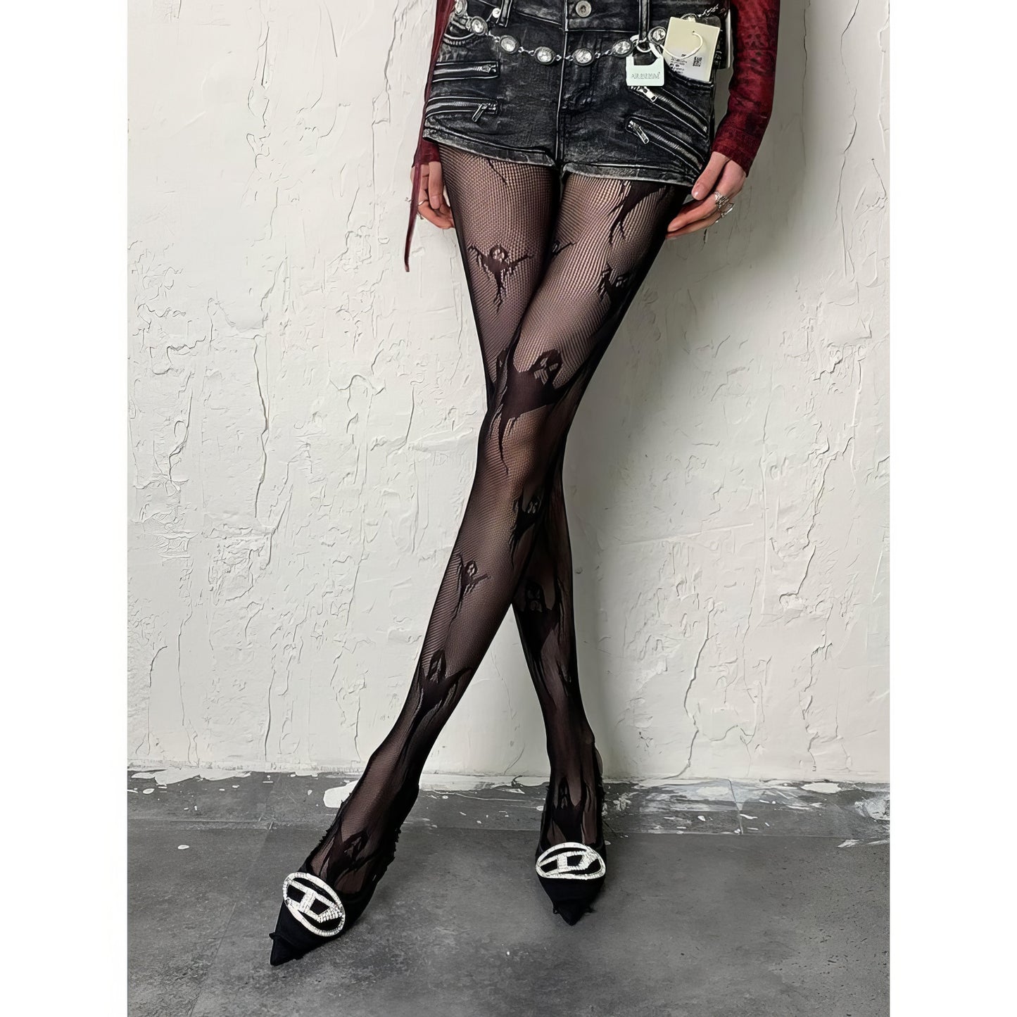 Ghost Motif Mesh Tights