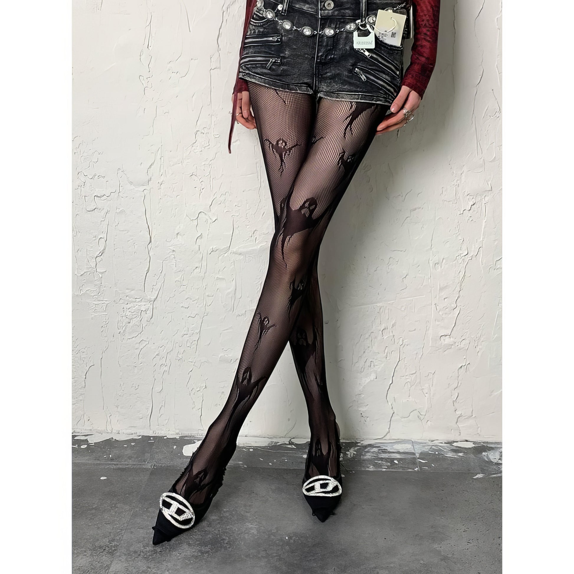 Ghost Motif Mesh Tights