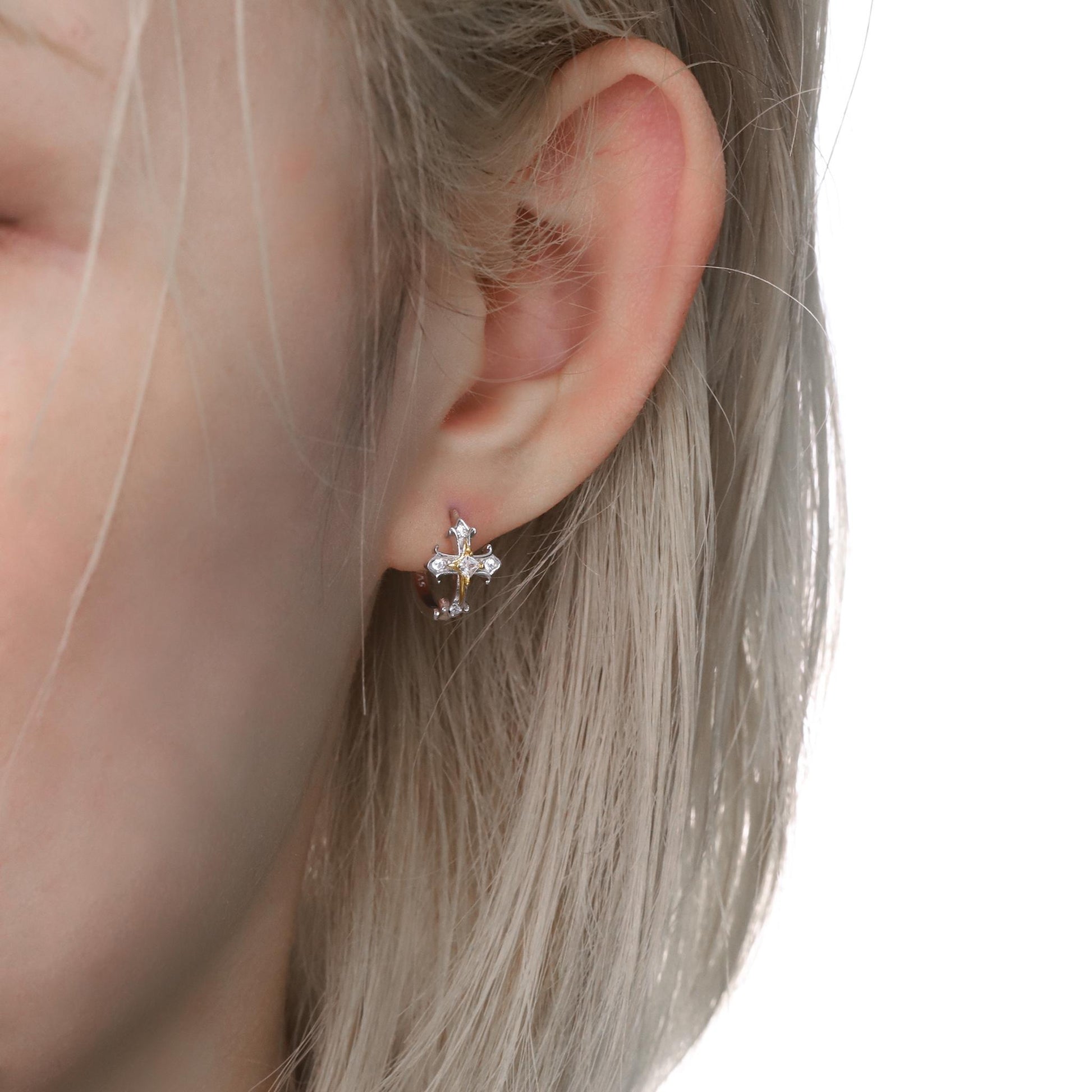 Silver Cross Accent Hoop Earrings