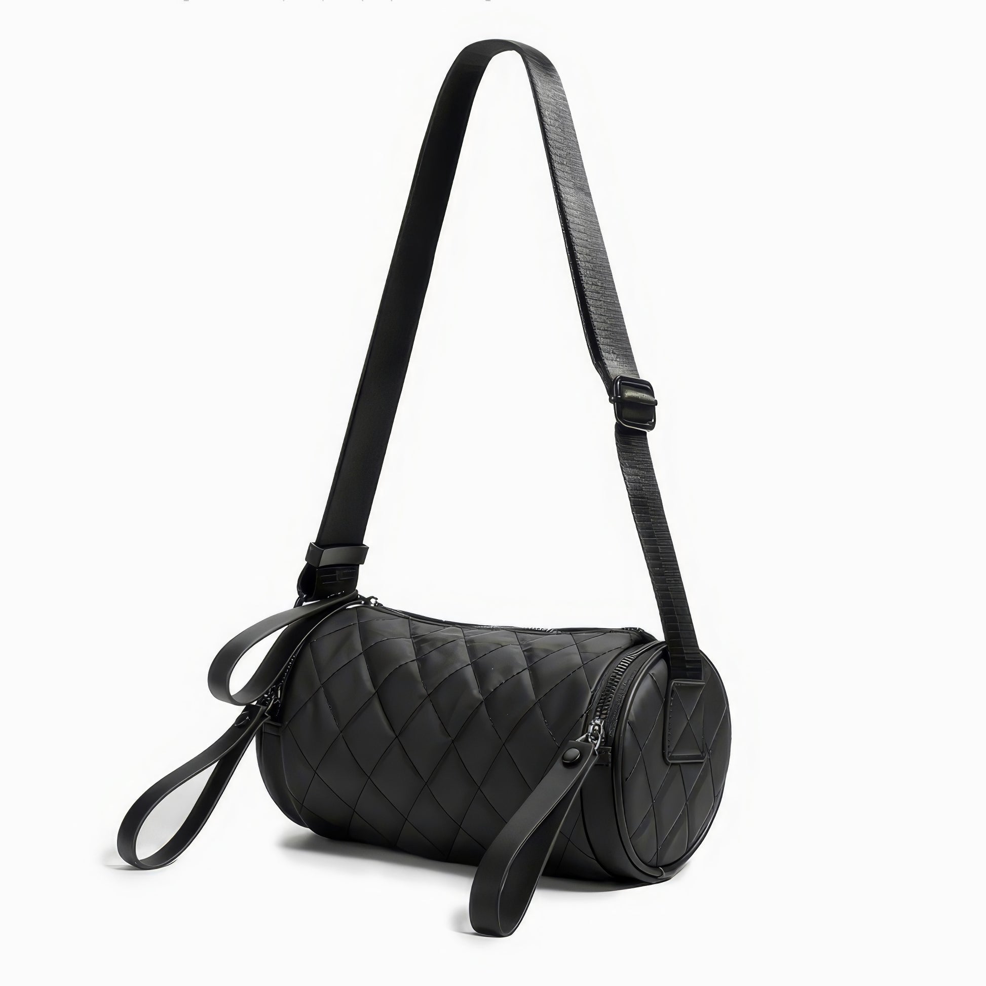 Quilted Barrel-Shaped Black Crossbody Bag