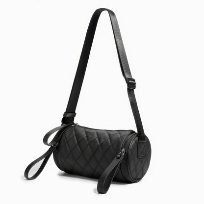 Quilted Barrel-Shaped Black Crossbody Bag