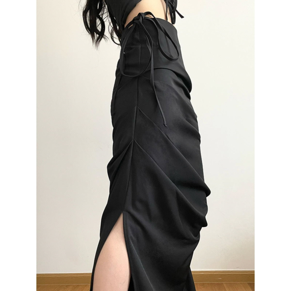 Side Ruched Slit Maxi Skirt