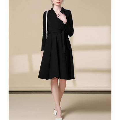 Pleated Waist Wrap Black Midi Dress