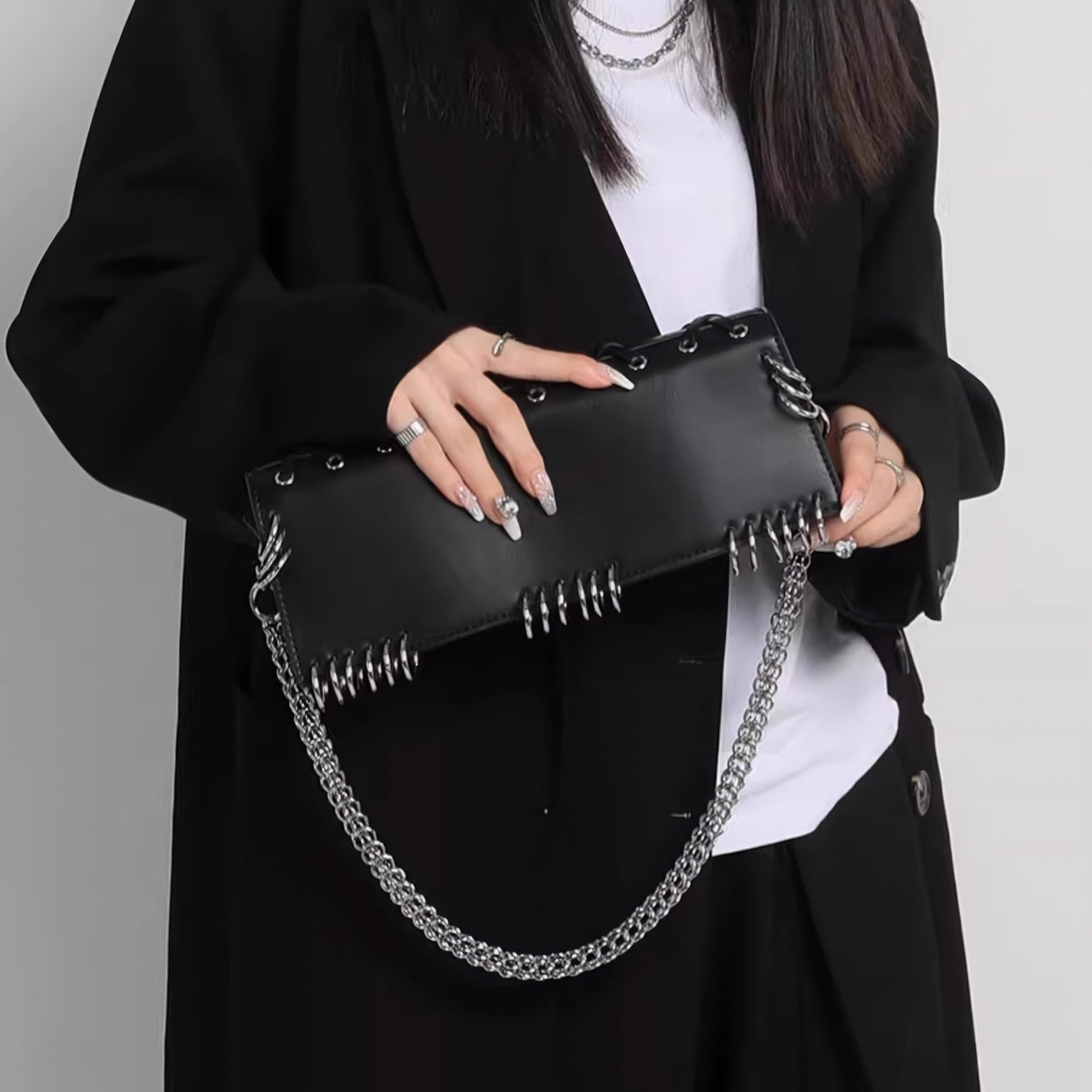 Metal Ring Lace-Up Faux Leather Bag