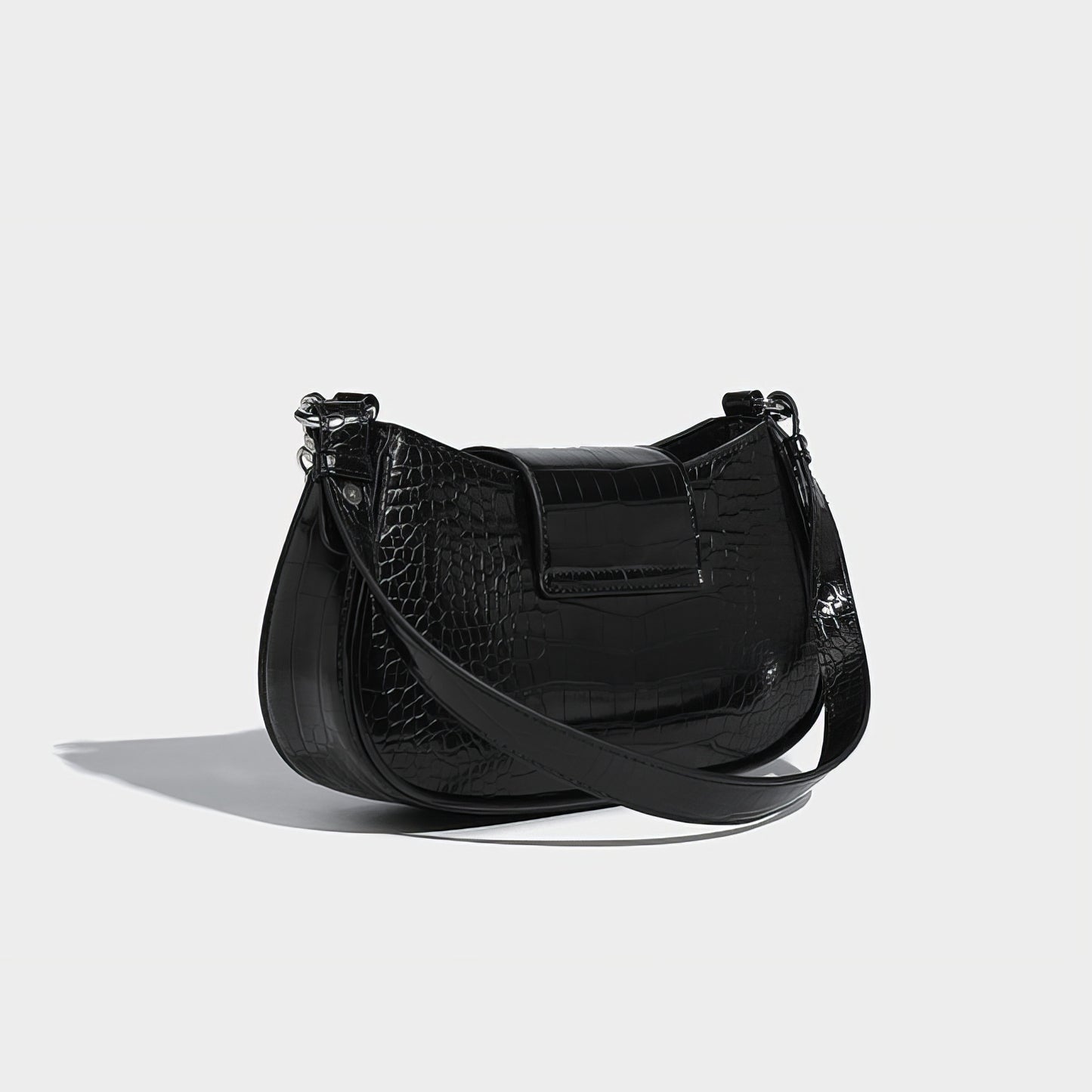 Heart Buckle Croc-Embossed Shoulder Bag