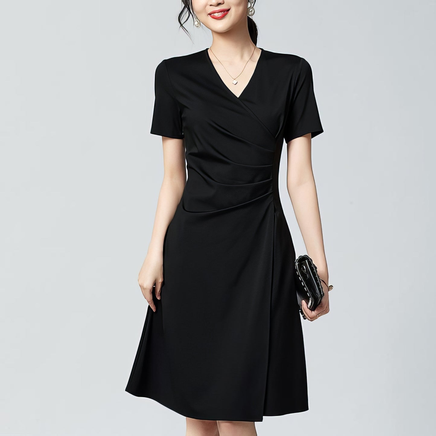 Ruched Waist V-Neck Black Dress