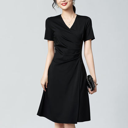 Ruched Waist V-Neck Black Dress
