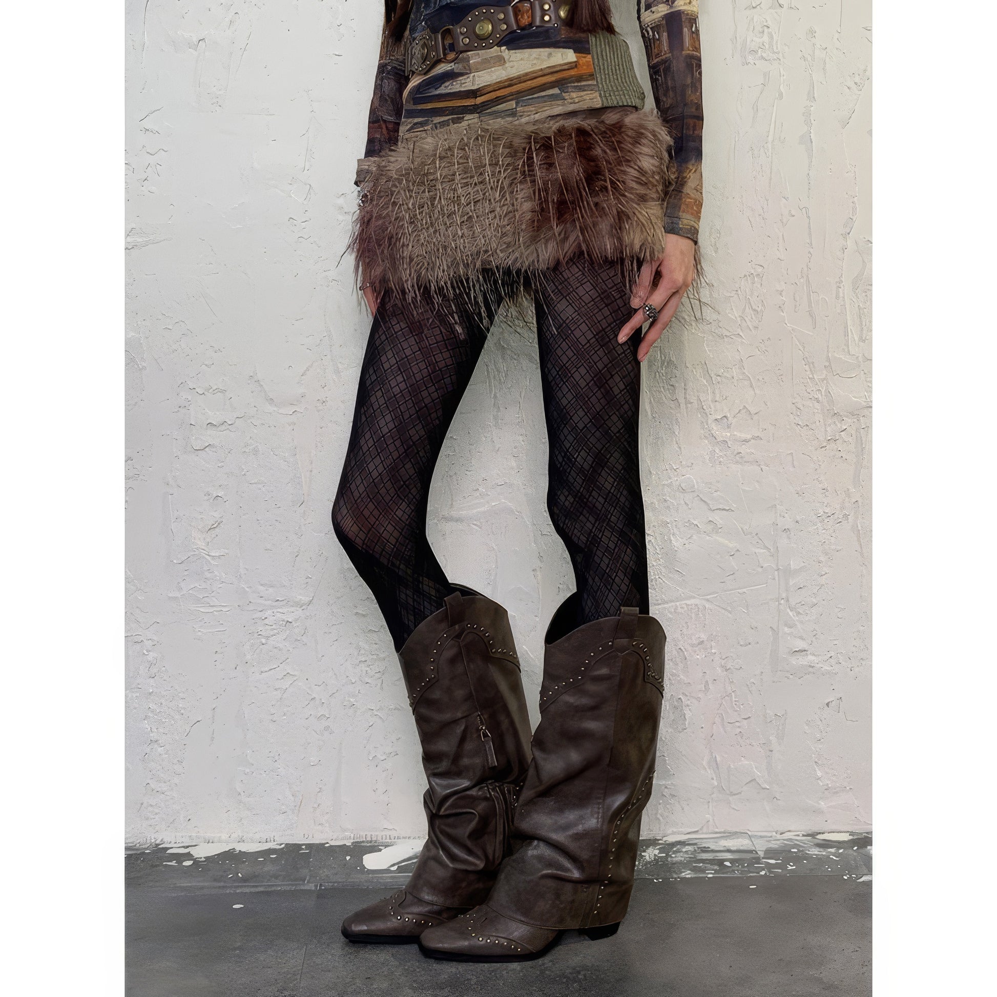 Textured Plaid Mesh Tights