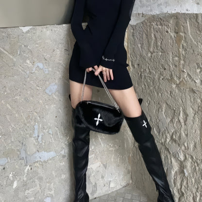 Faux Fur Cross Emblem Chain Shoulder Bag