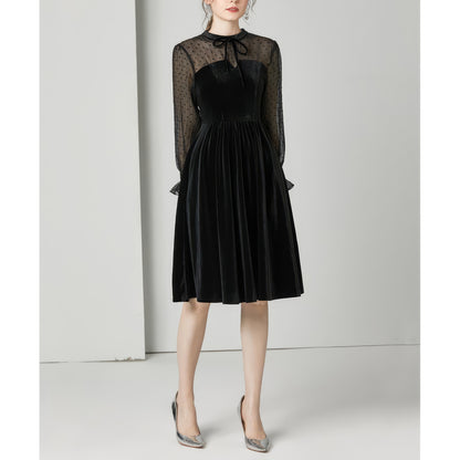Velvet Mesh Dot Sleeve Black Midi Dress