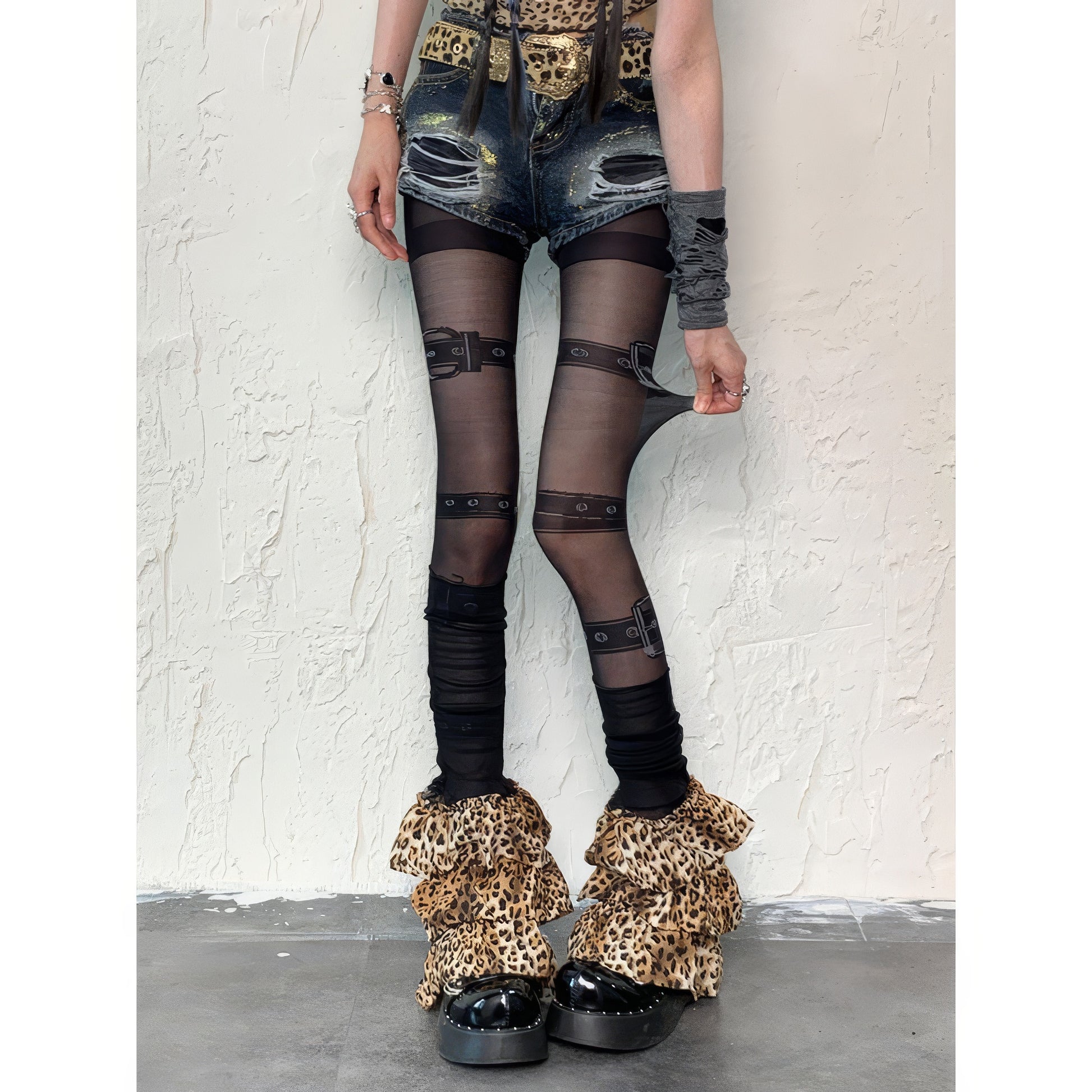 Buckle Print Sheer Black Tights