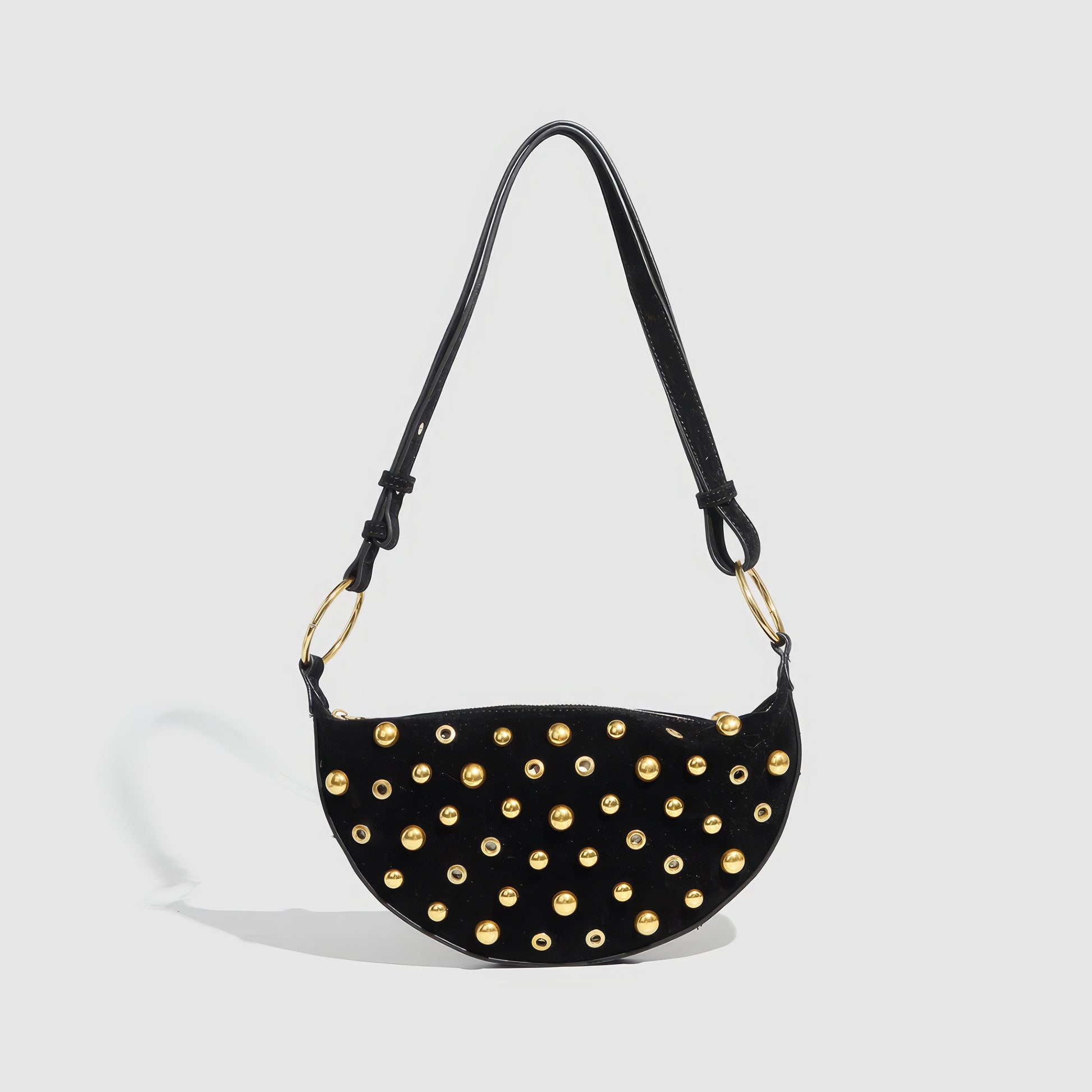 Studded Velvet Half Moon Shoulder Bag