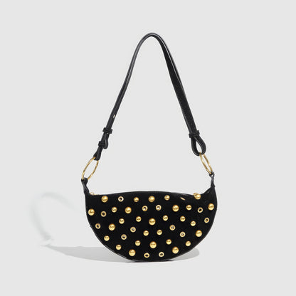 Studded Velvet Half Moon Shoulder Bag
