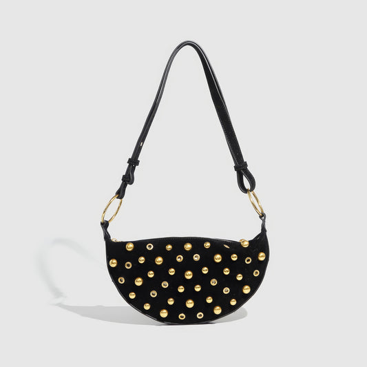 Studded Velvet Half Moon Shoulder Bag
