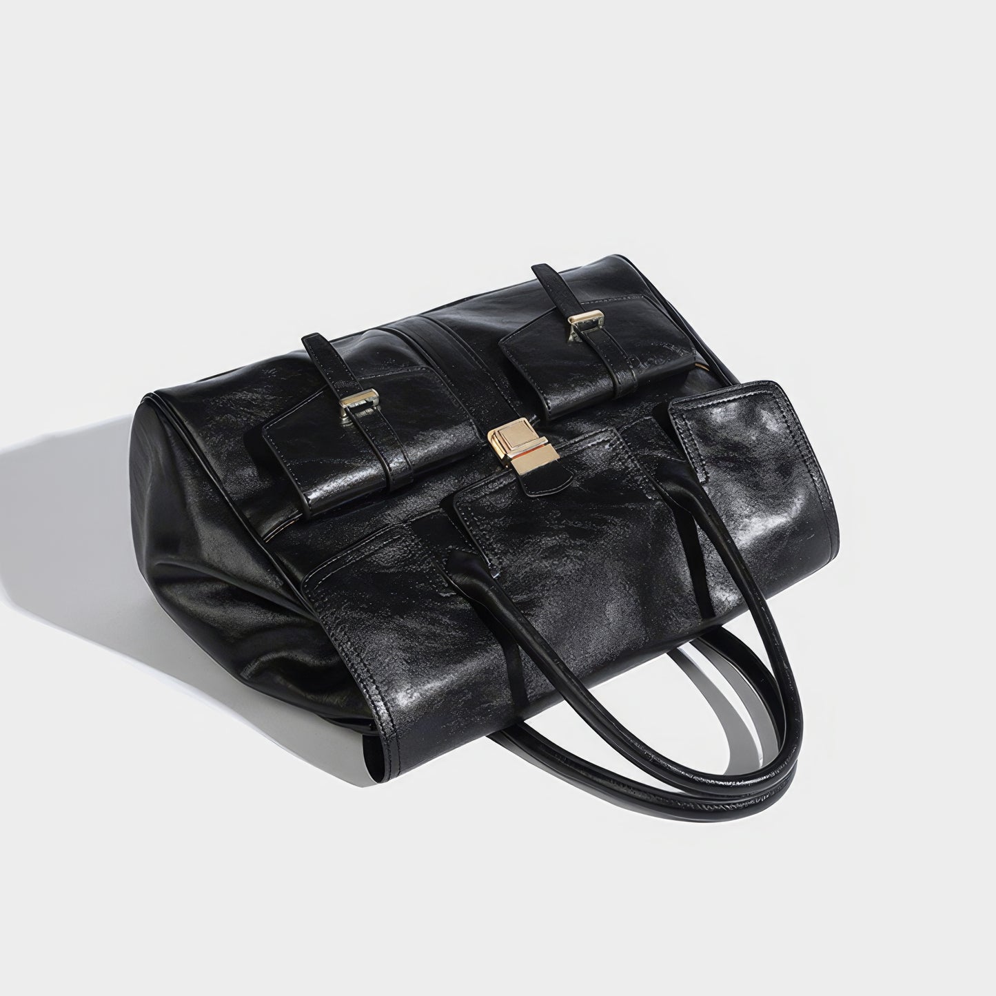 Structured Glossy Pocket Detail Tote Bag