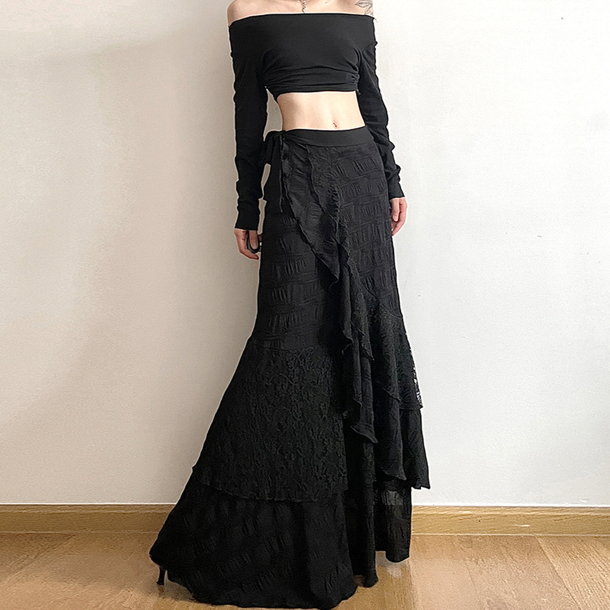 Layered Lace Wrap Maxi Skirt