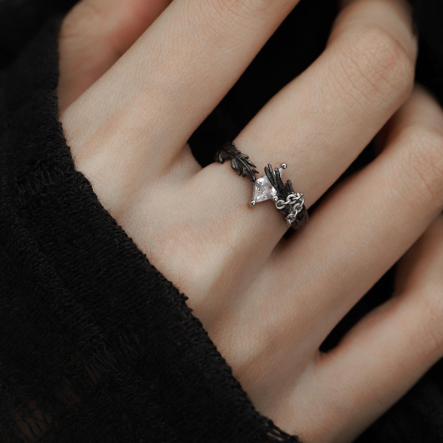 Feather Chain Open Ring with Crystal Gem