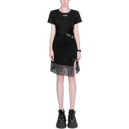 Buckle Strap Asymmetrical Fringe Dress