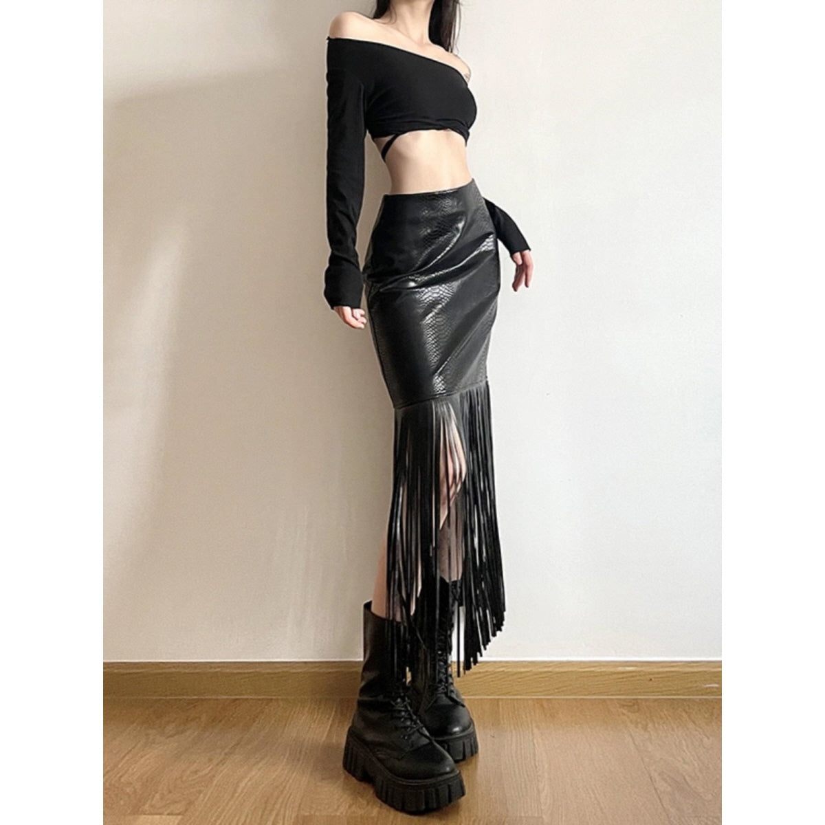 Fringe Faux Leather Skirt