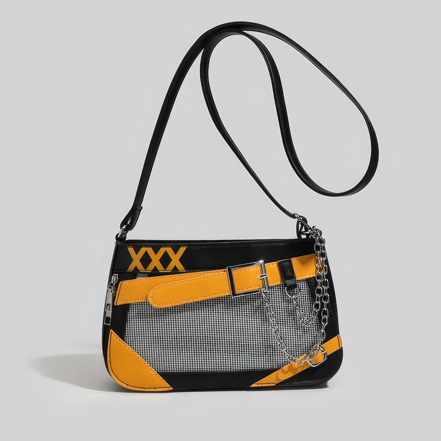 Belt Buckle Chain Detail Vinyl Shoulder Bag