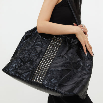 Crinkled Patent Studded Shoulder Bag