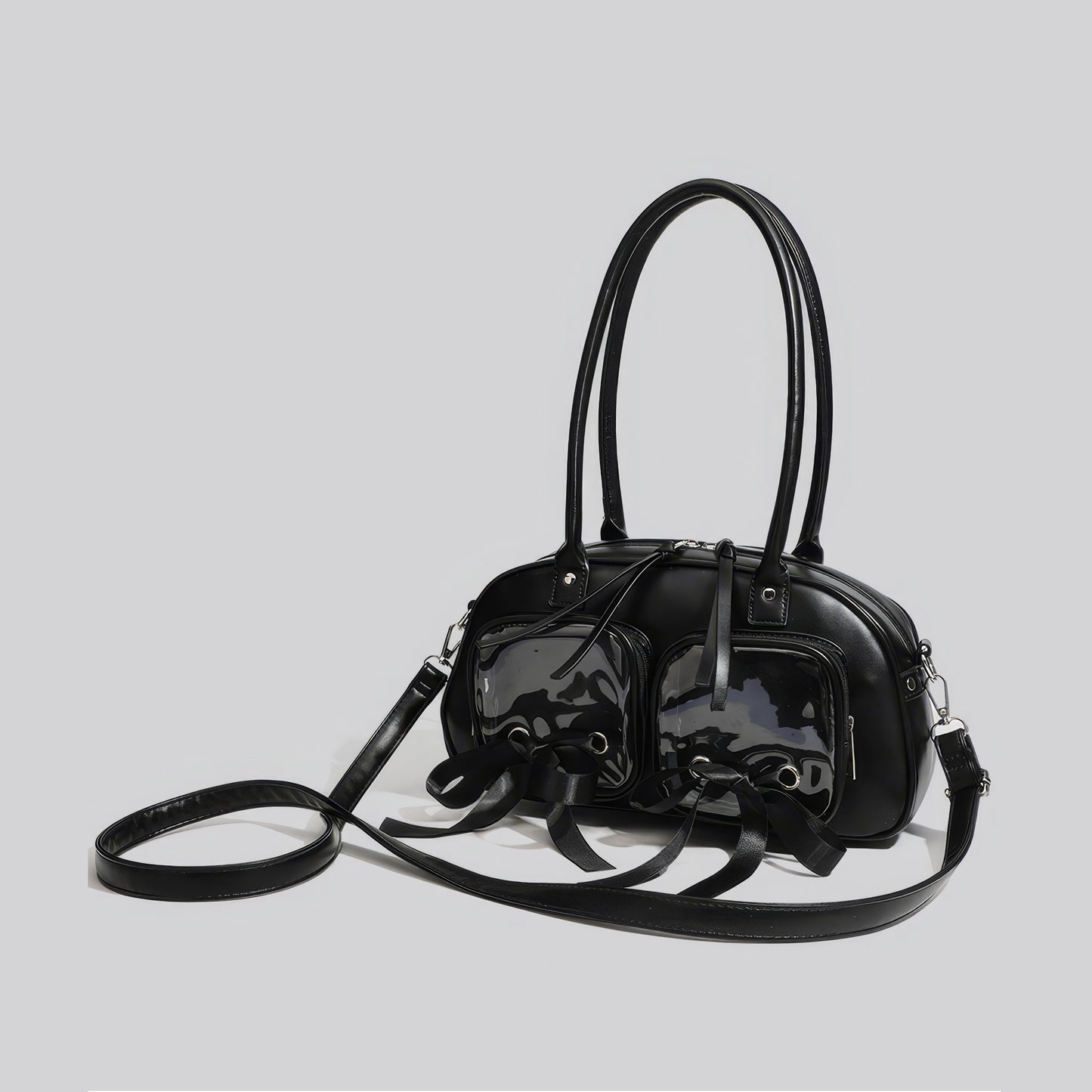 Patent Ribbon Detail Double Pocket Bag