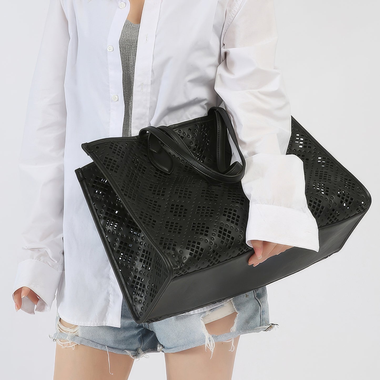 Geometric Cutout Oversized Faux Leather Tote