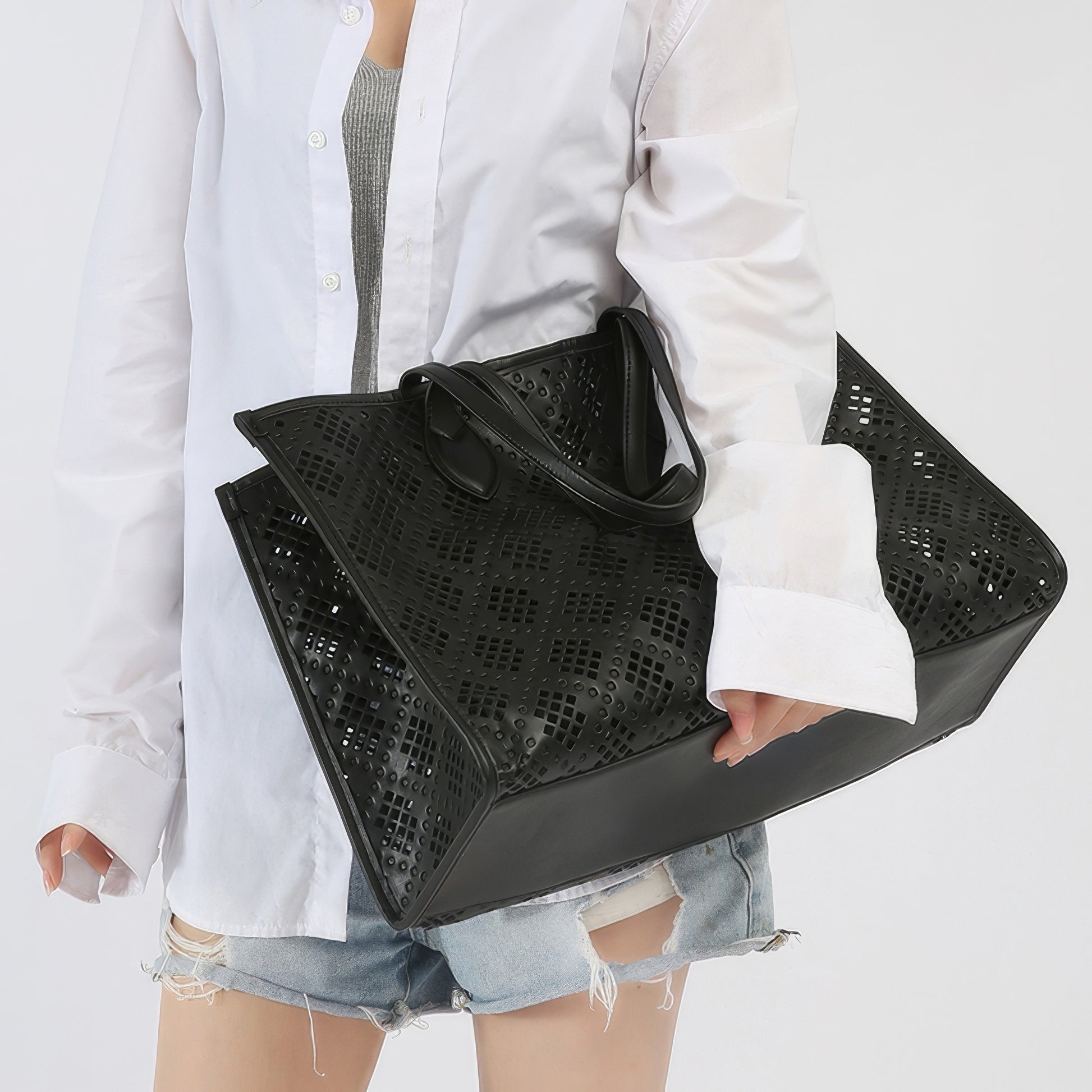 Geometric Cutout Oversized Faux Leather Tote