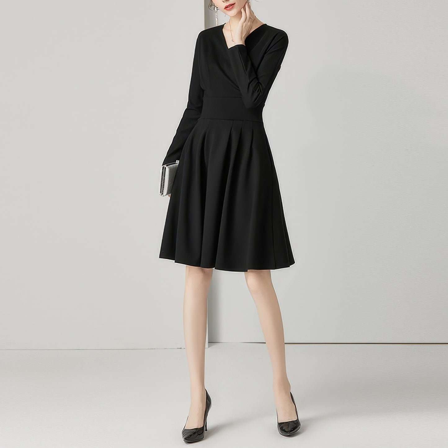 Wrap-Style Pleated Waist Black Midi Dress