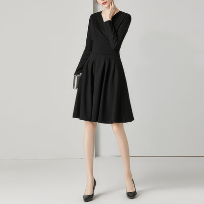 Wrap-Style Pleated Waist Black Midi Dress